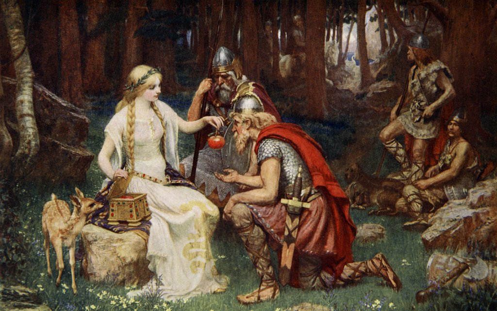 'Idun and the Apples', 1890. Idun is the keeper of apples that give the gods eternal youth. Illustration from "Teutonic Myths and Legends" by Donald A Mackenzie, 1890.